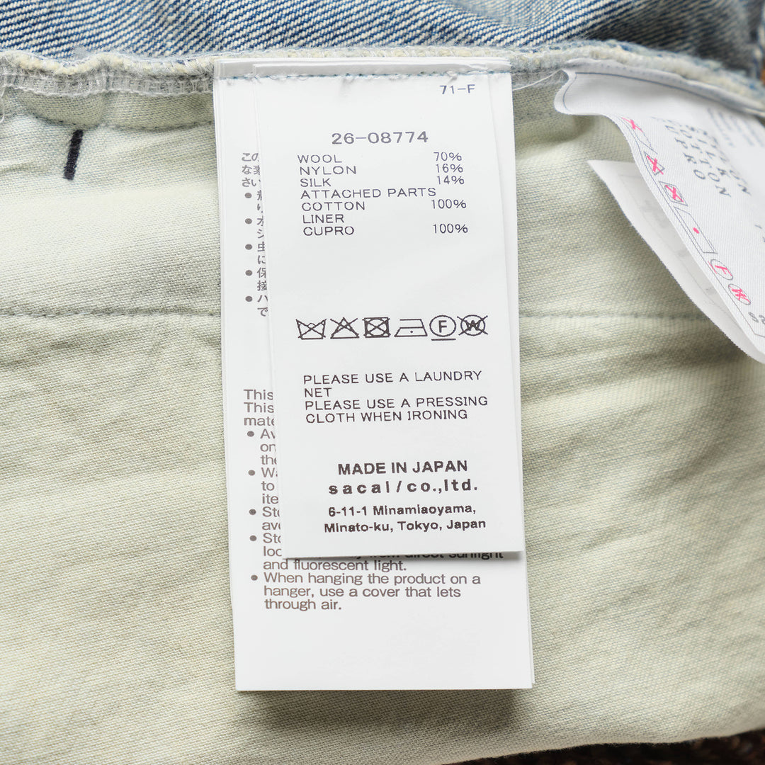 sacai Nep Tweed x Denim Shorts featuring a diagonal herringbone tweed front panel, denim side panels with orange topstitching, and a gold-tone button closure at the high waist - view 3