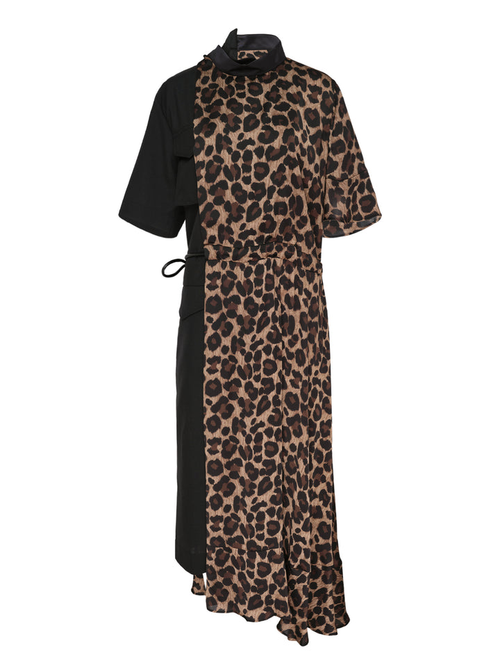 sacai Leopard Suiting Contrast Dress featuring asymmetric panelling of leopard-print chiffon and solid black suiting fabric, with a mock neck, short sleeves, tie waist, and asymmetric ruffled midi hem