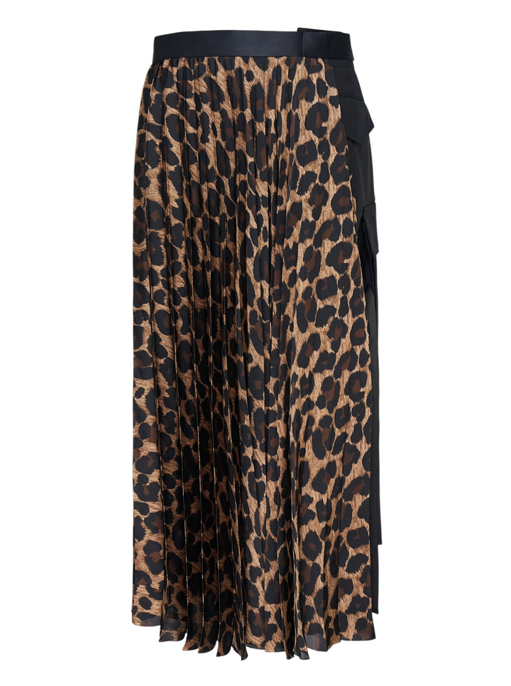 sacai Leopard Pleated Midi Skirt with knife pleats, all-over leopard print, contrast black satin waistband and draped bow detail at the hip
