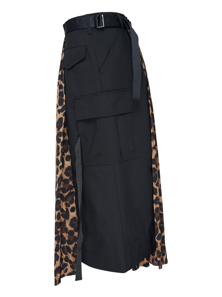 sacai Leopard Pleated Midi Skirt with knife pleats, all-over leopard print, contrast black satin waistband and draped bow detail at the hip - view 3