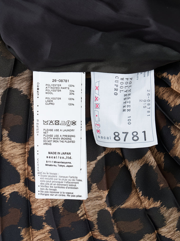 sacai Leopard Pleated Midi Skirt with knife pleats, all-over leopard print, contrast black satin waistband and draped bow detail at the hip - view 4