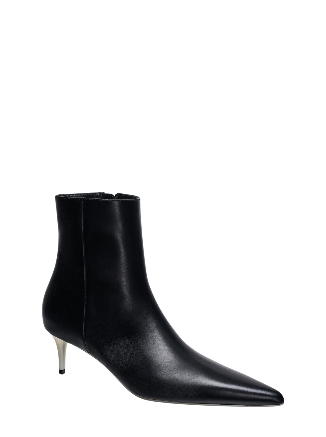 sacai Naked Sole ankle boot in smooth black leather with a pointed toe and contrasting off-white stiletto heel, side profile view - view 2