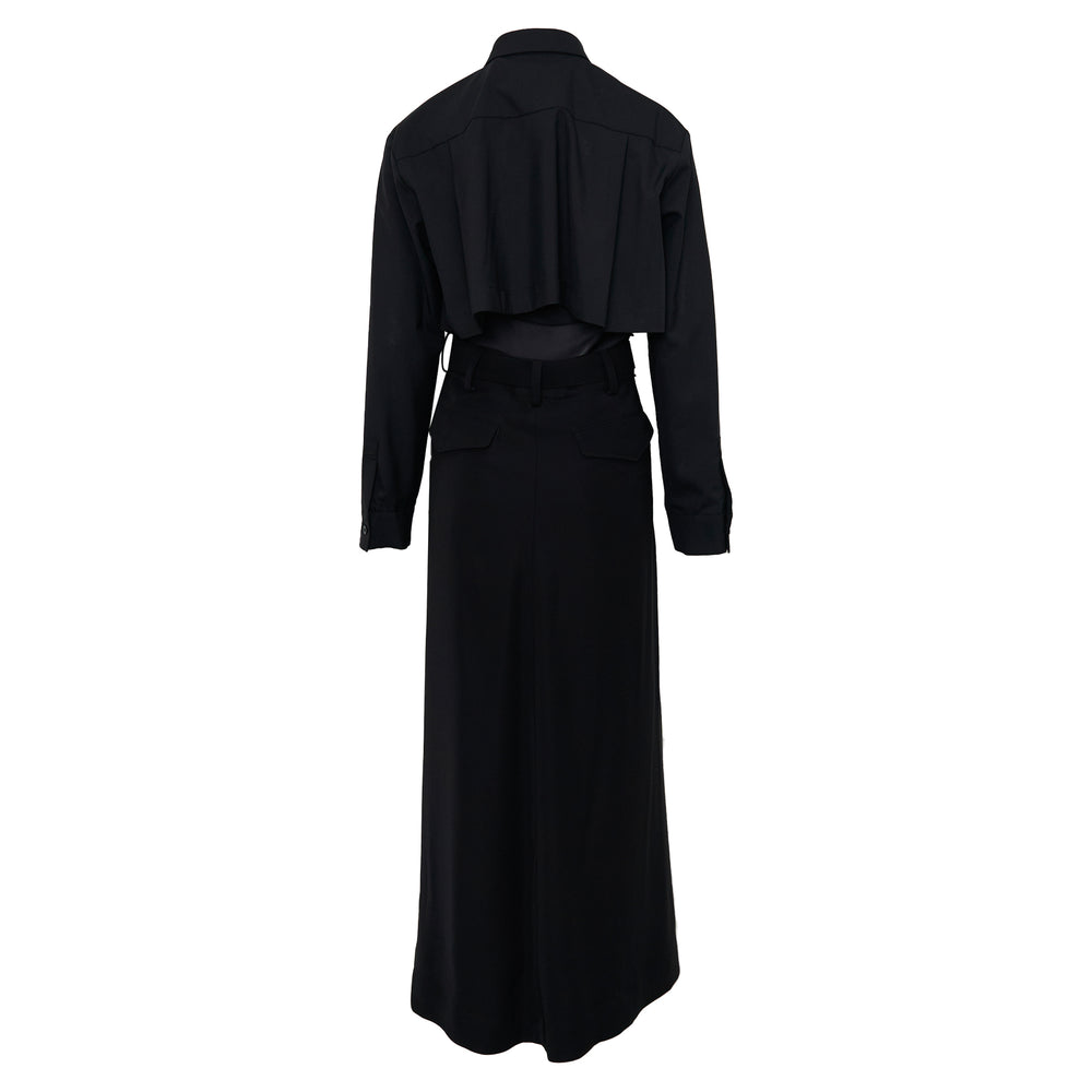 sacai Suiting x Crepe Back Satin Dress in black, featuring a shirt collar, chest cargo pockets, long sleeves, a belted waist with metal buckle, and a fluid maxi-length skirt - view 2