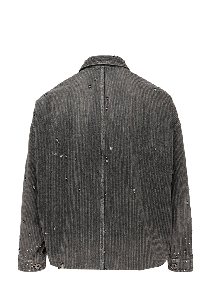 Faded grey pinstripe denim chore jacket with distressed detailing, paint splatter, patchwork pockets and oversized metal buttons - view 2