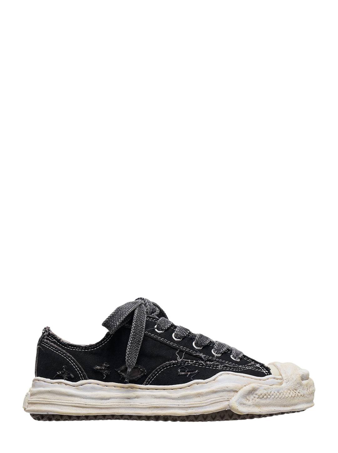 Mihara Yasuhiro Hank black distressed canvas low-top sneaker with oversized laces and a melted-effect off-white sole, side view