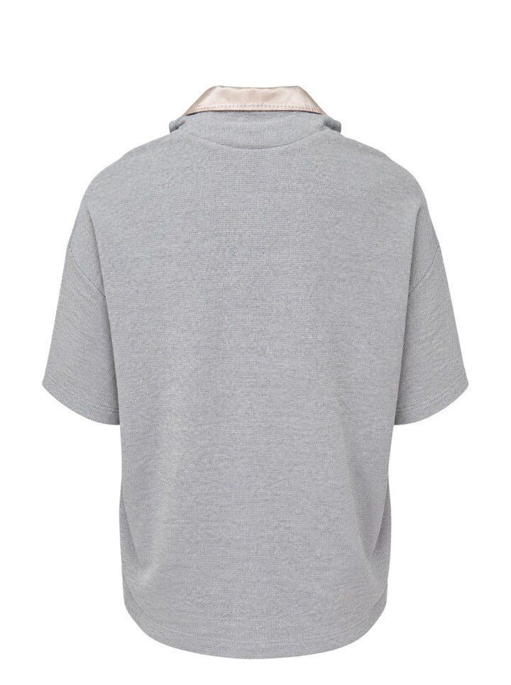Miharayasuhiro combined shirt and T-shirt with champagne satin camp-collar front, grey knit layers and red embroidered 'Don't Tag Me' slogan - view 2