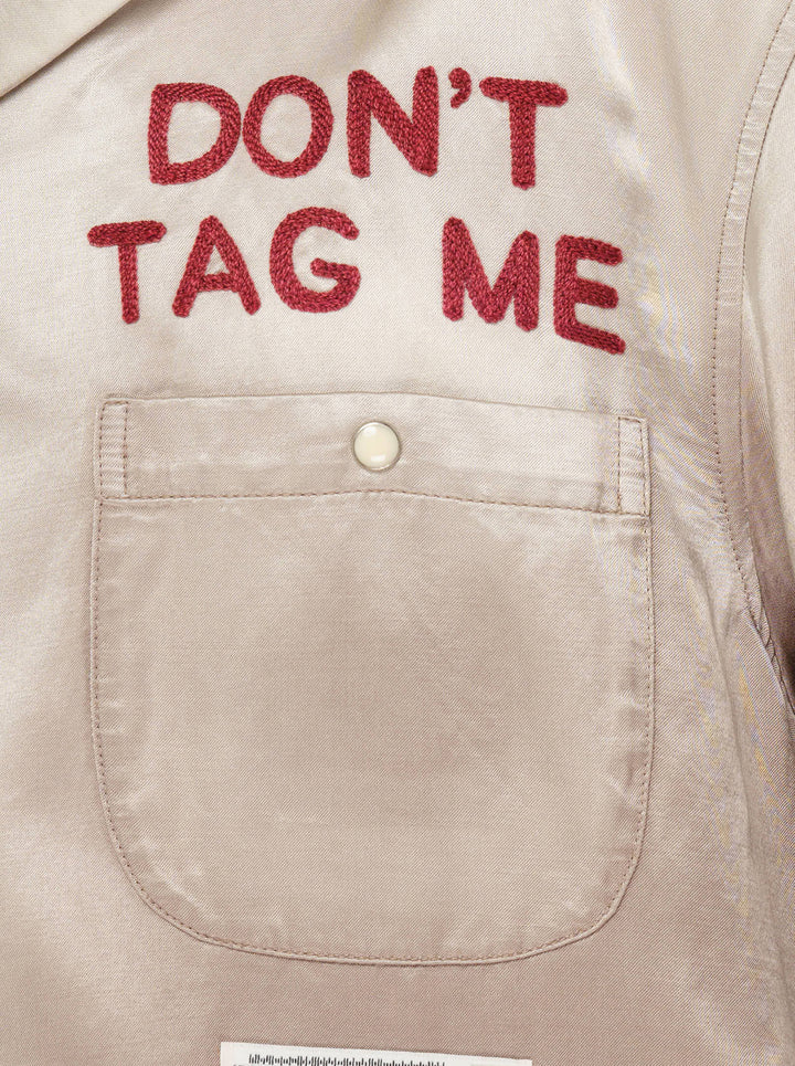 Miharayasuhiro combined shirt and T-shirt with champagne satin camp-collar front, grey knit layers and red embroidered 'Don't Tag Me' slogan - view 3