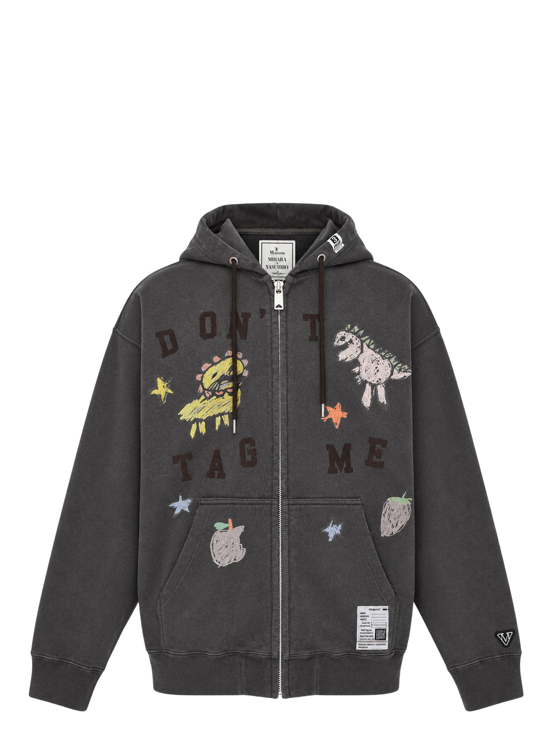 Washed charcoal Maison MIHARA YASUHIRO zip-up hoodie with colourful kids' doodle prints of a dinosaur, strawberry and stars and 'Don't Tag Me' lettering