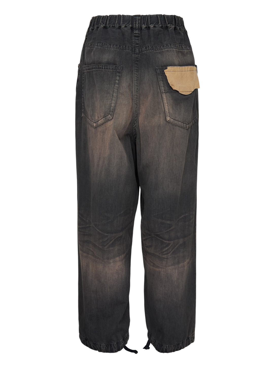 Mihara Yasuhiro Light Oz wide-leg denim pants in a faded black and tan wash with elastic waistband and drawcord hems - view 2