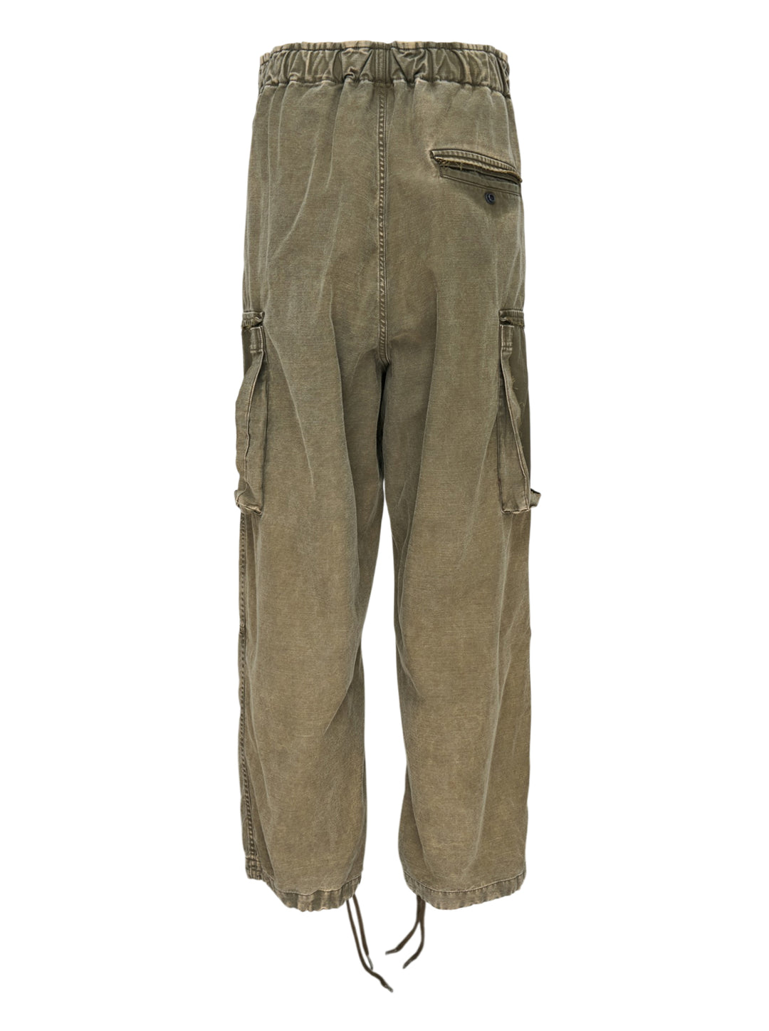 Mihara Yasuhiro washed olive damaged cargo pants with drawstring waist, oversized cargo pockets and distressed finish, front view - view 2