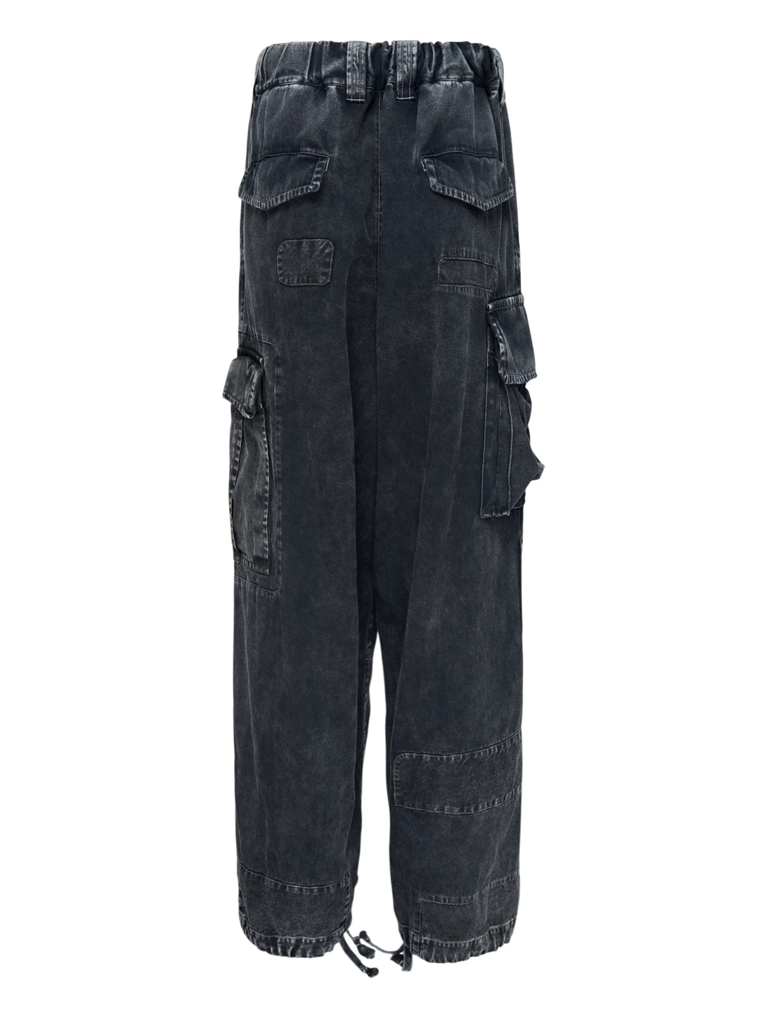 Mihara Yasuhiro Repair Cargo Trousers in washed black denim with patchwork panels, large cargo pockets and drawcord hems - view 2