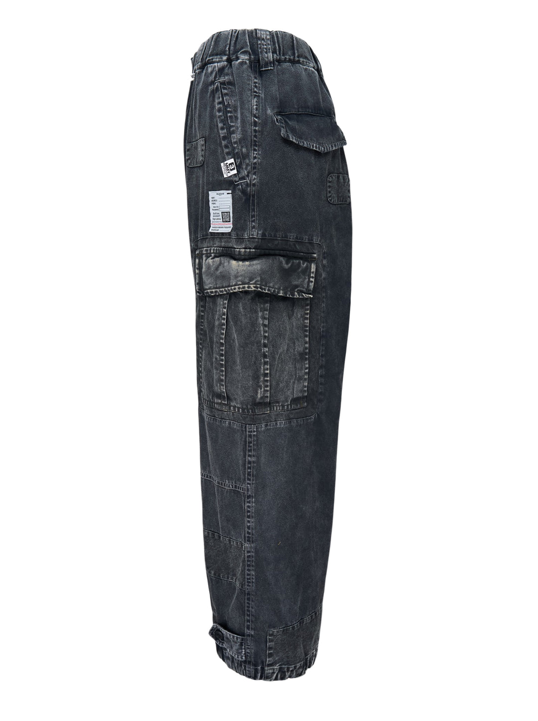 Mihara Yasuhiro Repair Cargo Trousers in washed black denim with patchwork panels, large cargo pockets and drawcord hems - view 3