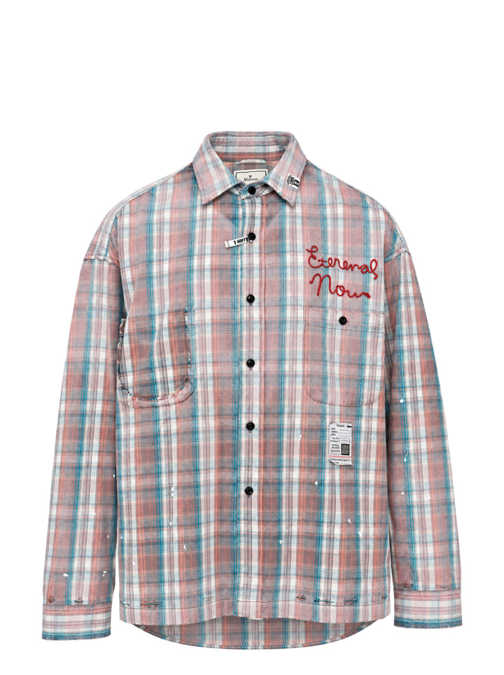 Maison MIHARA YASUHIRO vintage-like check long sleeve shirt in faded coral and teal plaid with red script embroidery, raw-edged pocket and paint splatter