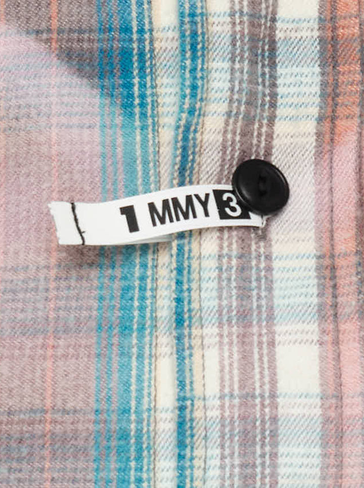 Maison MIHARA YASUHIRO vintage-like check long sleeve shirt in faded coral and teal plaid with red script embroidery, raw-edged pocket and paint splatter - view 4