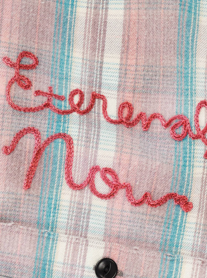 Maison MIHARA YASUHIRO vintage-like check long sleeve shirt in faded coral and teal plaid with red script embroidery, raw-edged pocket and paint splatter - view 5