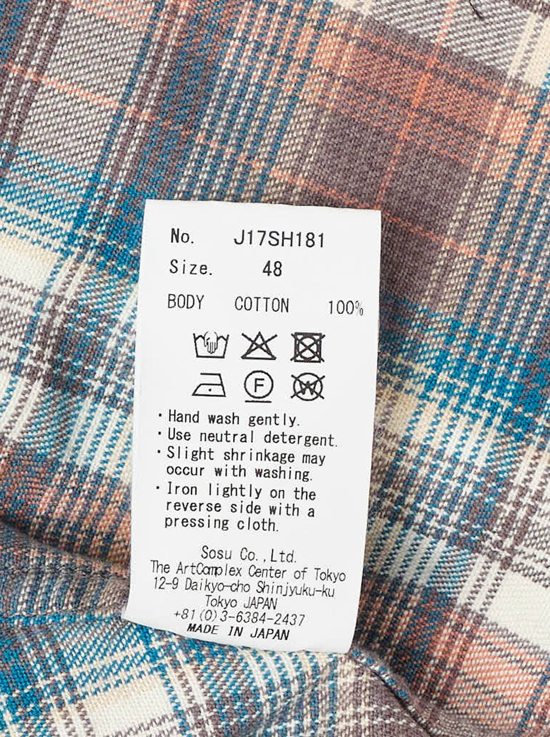 Maison MIHARA YASUHIRO vintage-like check long sleeve shirt in faded coral and teal plaid with red script embroidery, raw-edged pocket and paint splatter - view 7