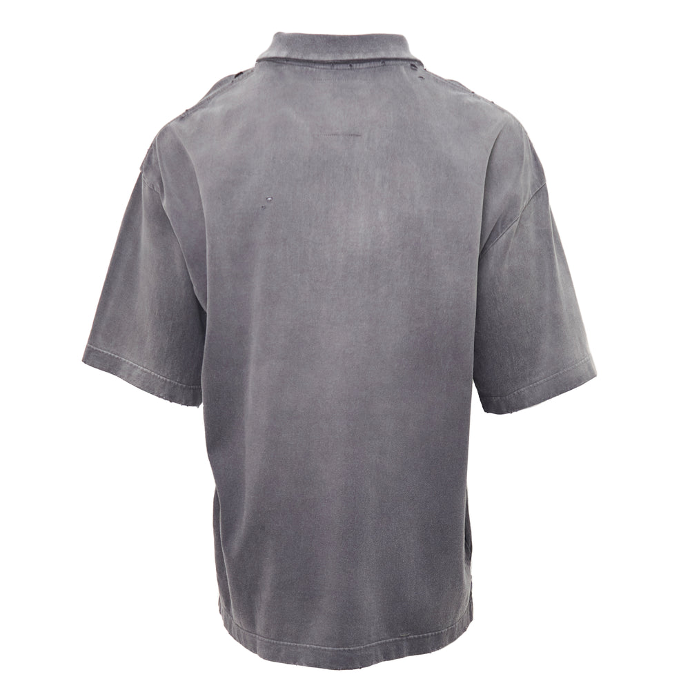 Mihara Yasuhiro Sun Faded Collared Tee in washed grey, featuring a distressed collared V-neckline, tonal logo embroidery, contrast chest patch pocket, and intentional pinhole distressing throughout - view 2