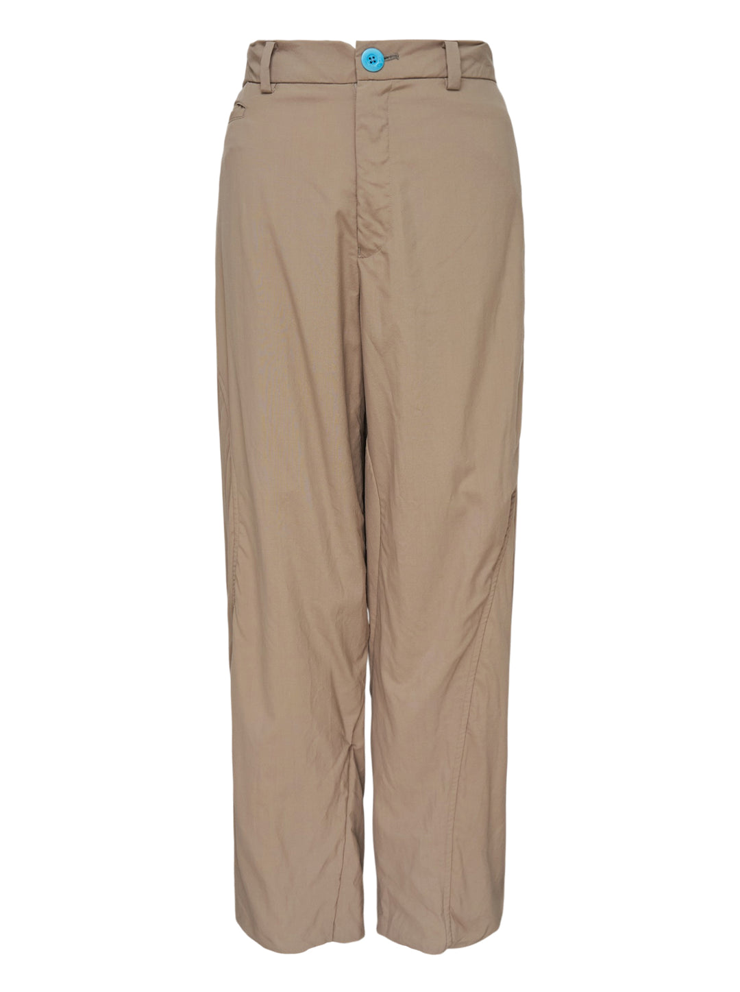 Undercover taupe cupro pants with relaxed straight leg, curved seams and a turquoise waistband button