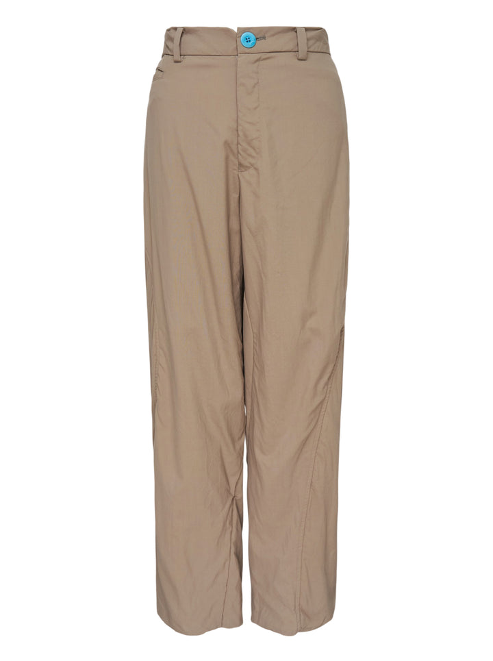 Undercover taupe cupro pants with relaxed straight leg, curved seams and a turquoise waistband button