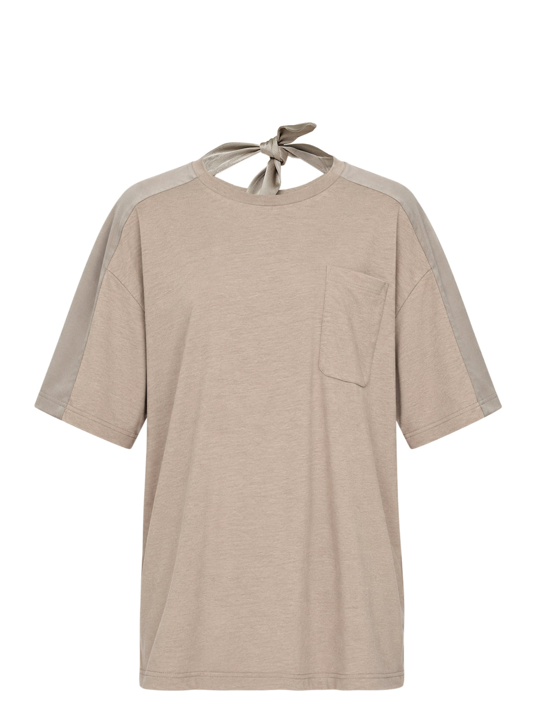 Undercover Shoulder Panel Tee in taupe with satin shoulder panels, chest pocket and knotted ribbon tie at the back neckline