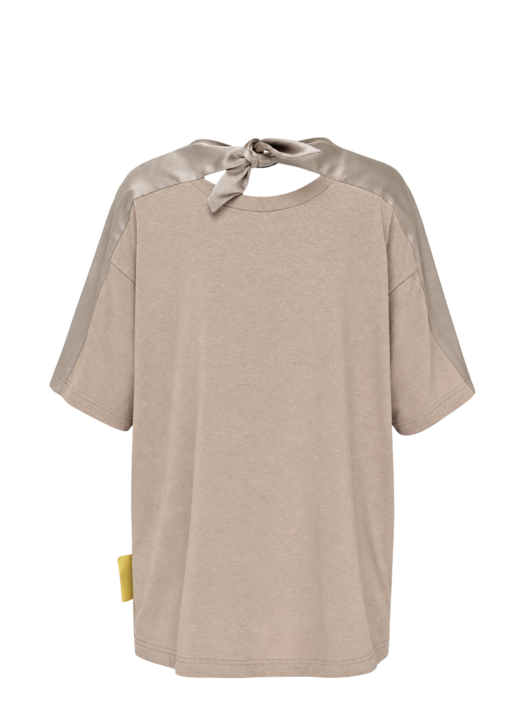 Undercover Shoulder Panel Tee in taupe with satin shoulder panels, chest pocket and knotted ribbon tie at the back neckline - view 2