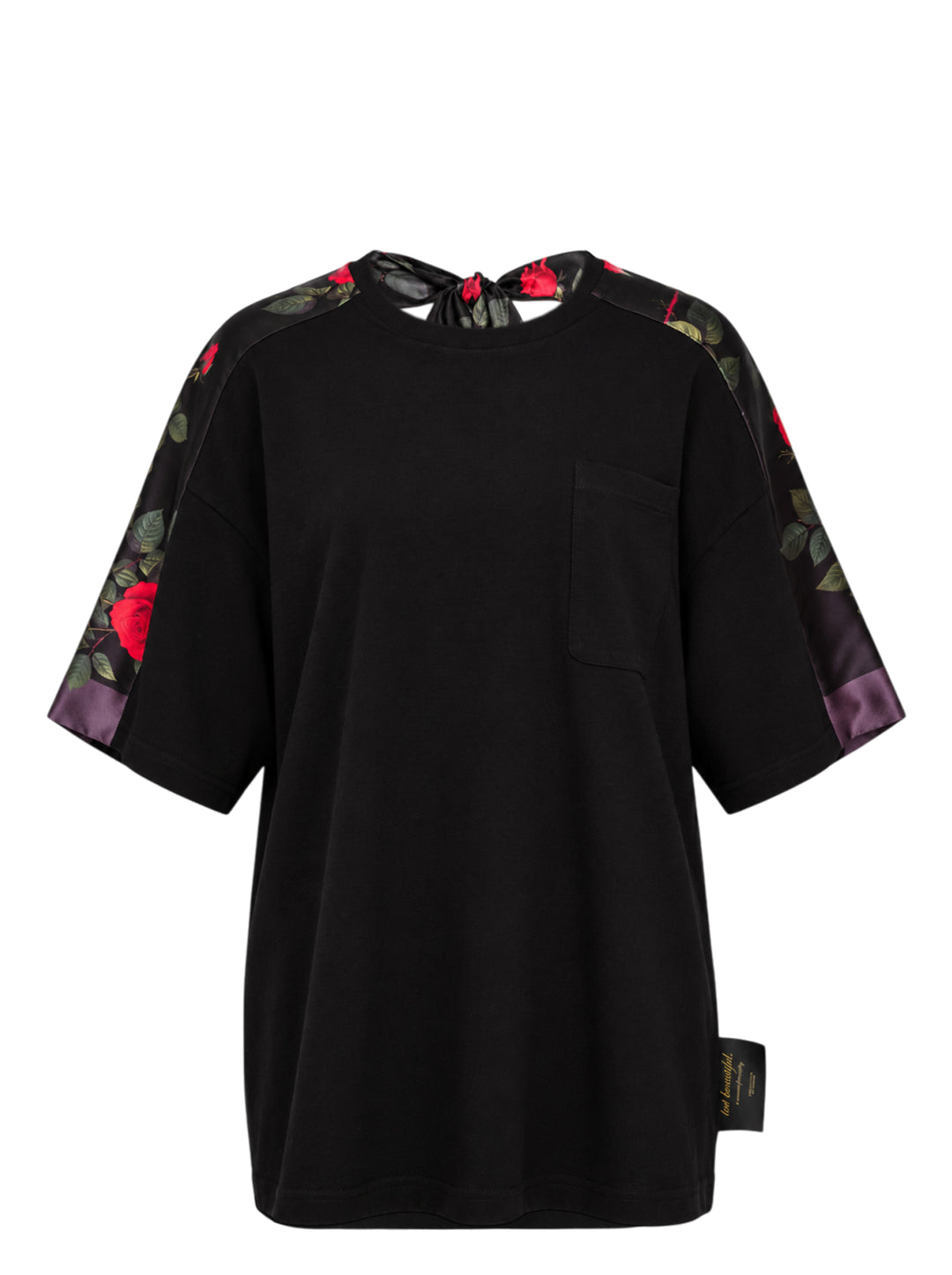 Undercover Floral Sleeve Panel Tee in black with rose-print satin sleeve panels, chest pocket and knotted satin tie at the back neckline