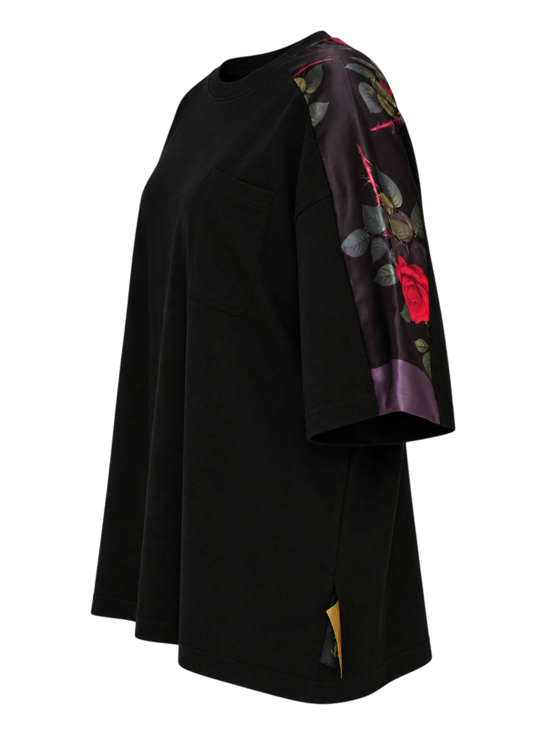Undercover Floral Sleeve Panel Tee in black with rose-print satin sleeve panels, chest pocket and knotted satin tie at the back neckline - view 3