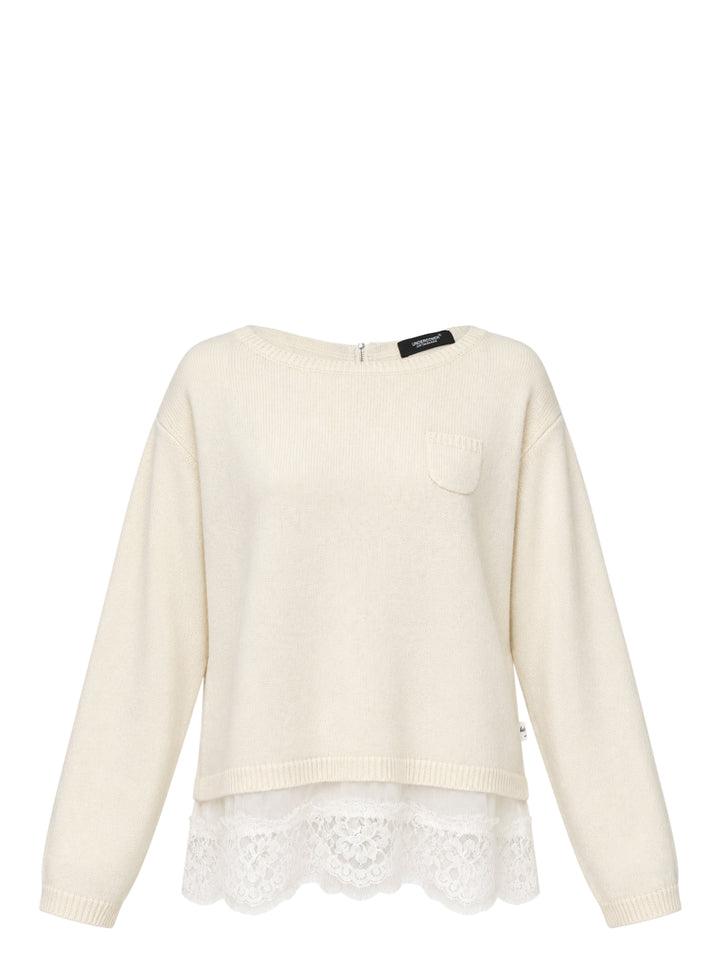 Undercover cream knit top with chest pocket, ribbed trim and a layered scalloped lace hem