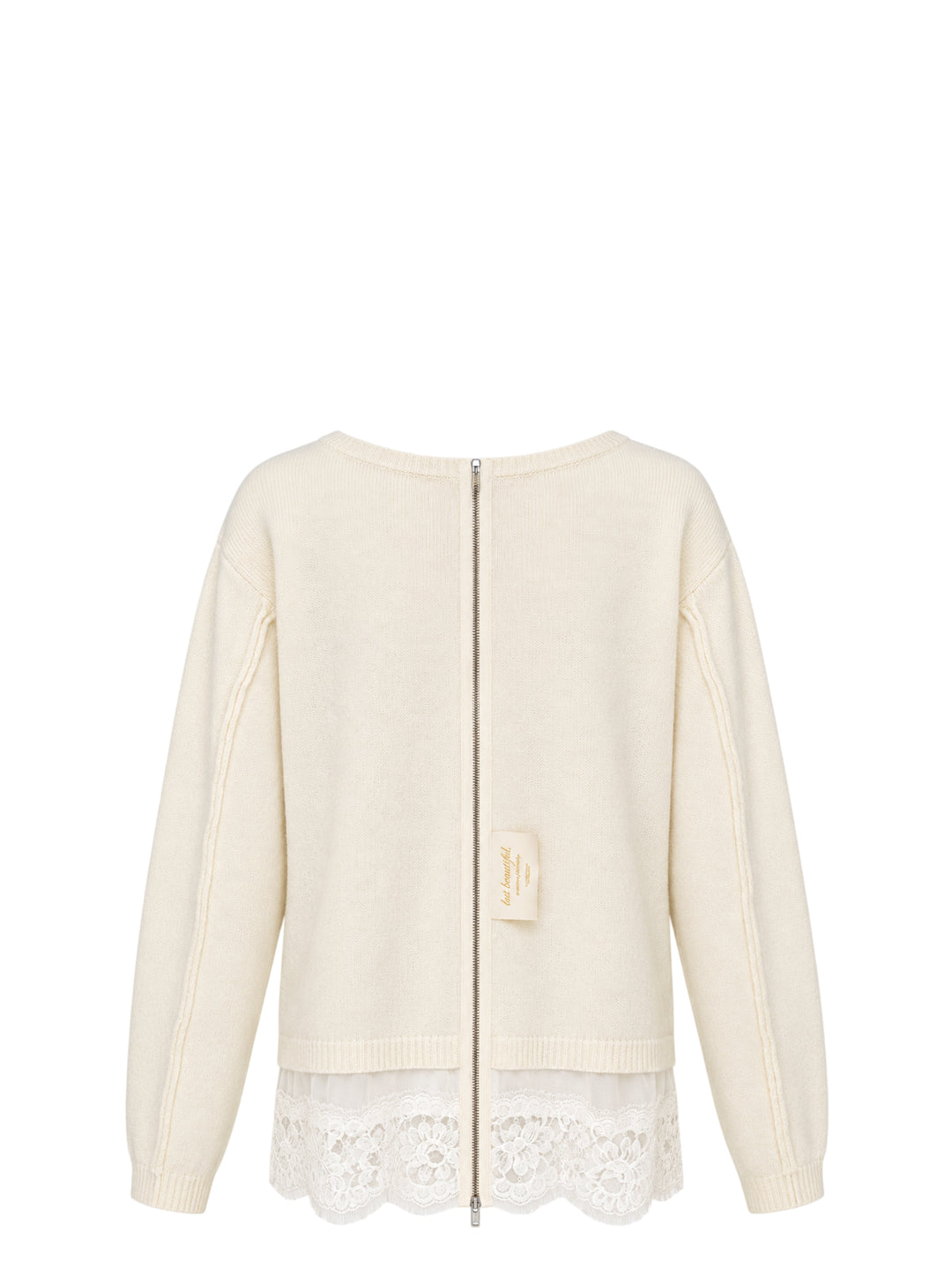 Undercover cream knit top with chest pocket, ribbed trim and a layered scalloped lace hem - view 2