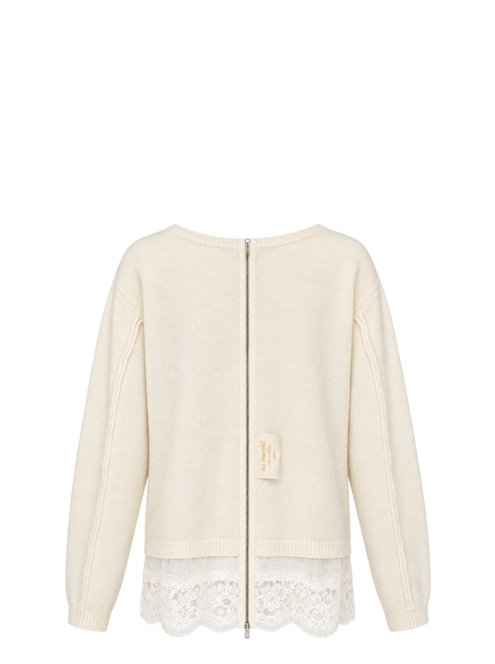 Undercover cream knit top with chest pocket, ribbed trim and a layered scalloped lace hem - view 2