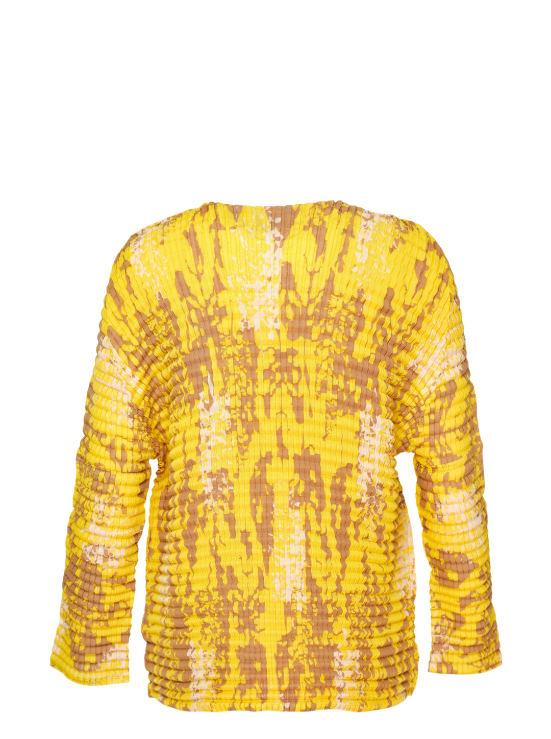 me Issey Miyake Leaf Pleats long sleeve crew neck top in yellow with tan and cream abstract print, shown flat against a white background - view 2