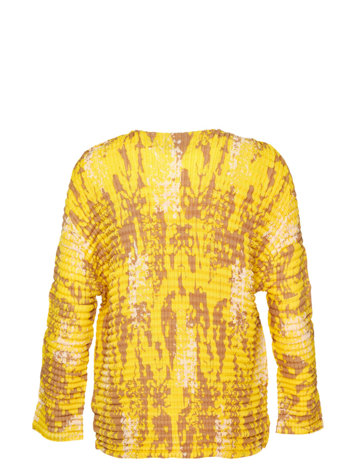 me Issey Miyake Leaf Pleats long sleeve crew neck top in yellow with tan and cream abstract print, shown flat against a white background - view 2