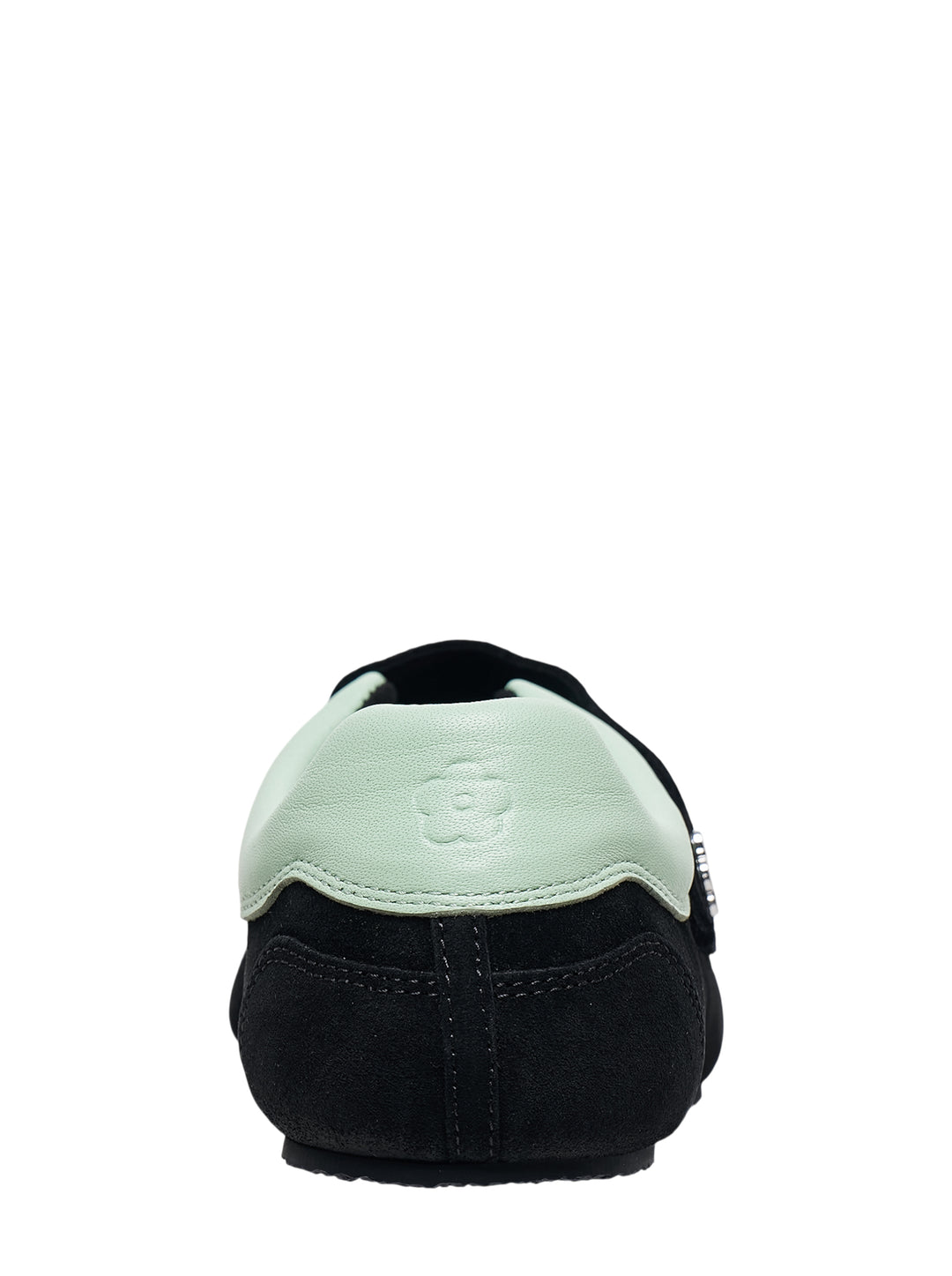 Cecilie Bahnsen Cosmos flat sneaker in black suede with silver metallic leather panels, mint green leather collar, and velcro strap with flower charm detail - view 2