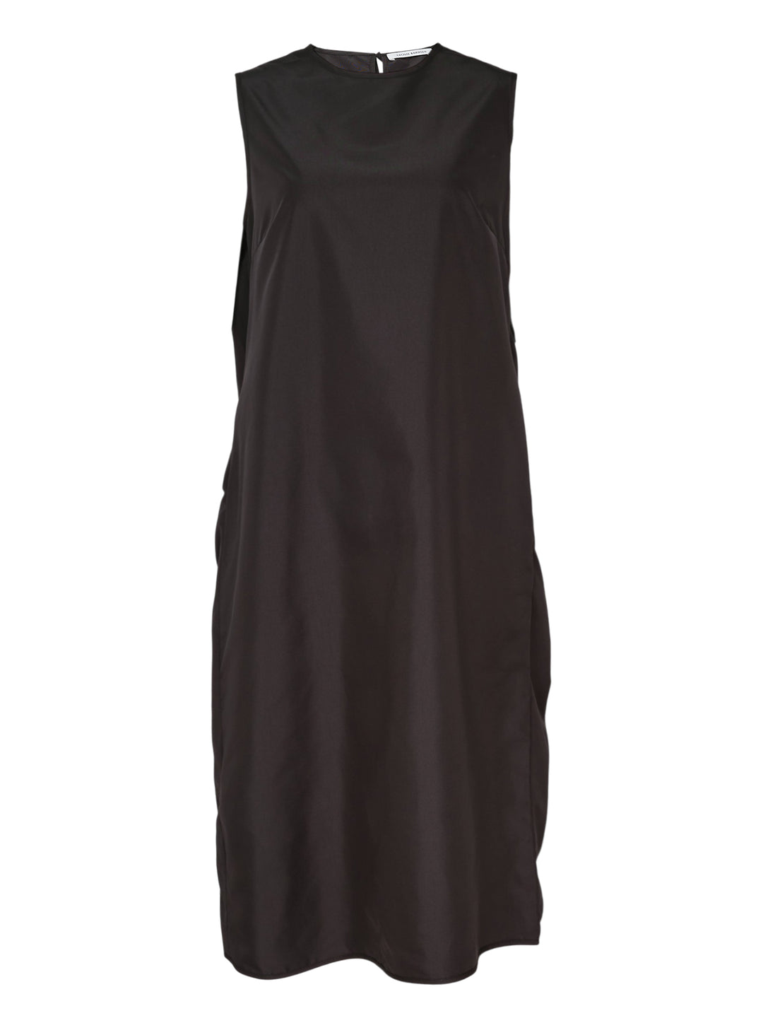 Cecilie Bahnsen Recycled Faille Midi Dress in deep espresso brown, sleeveless with a round neckline, relaxed cocoon silhouette, and curved hem, shown on a white background
