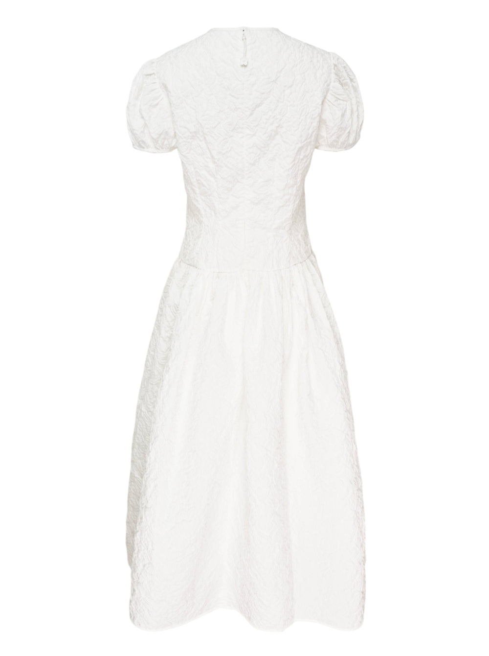 Cecilie Bahnsen Cleopatra Floratini midi dress in white textured jacquard with short puff sleeves, sculpted bodice, and full flared skirt, shown on a plain white background - view 2