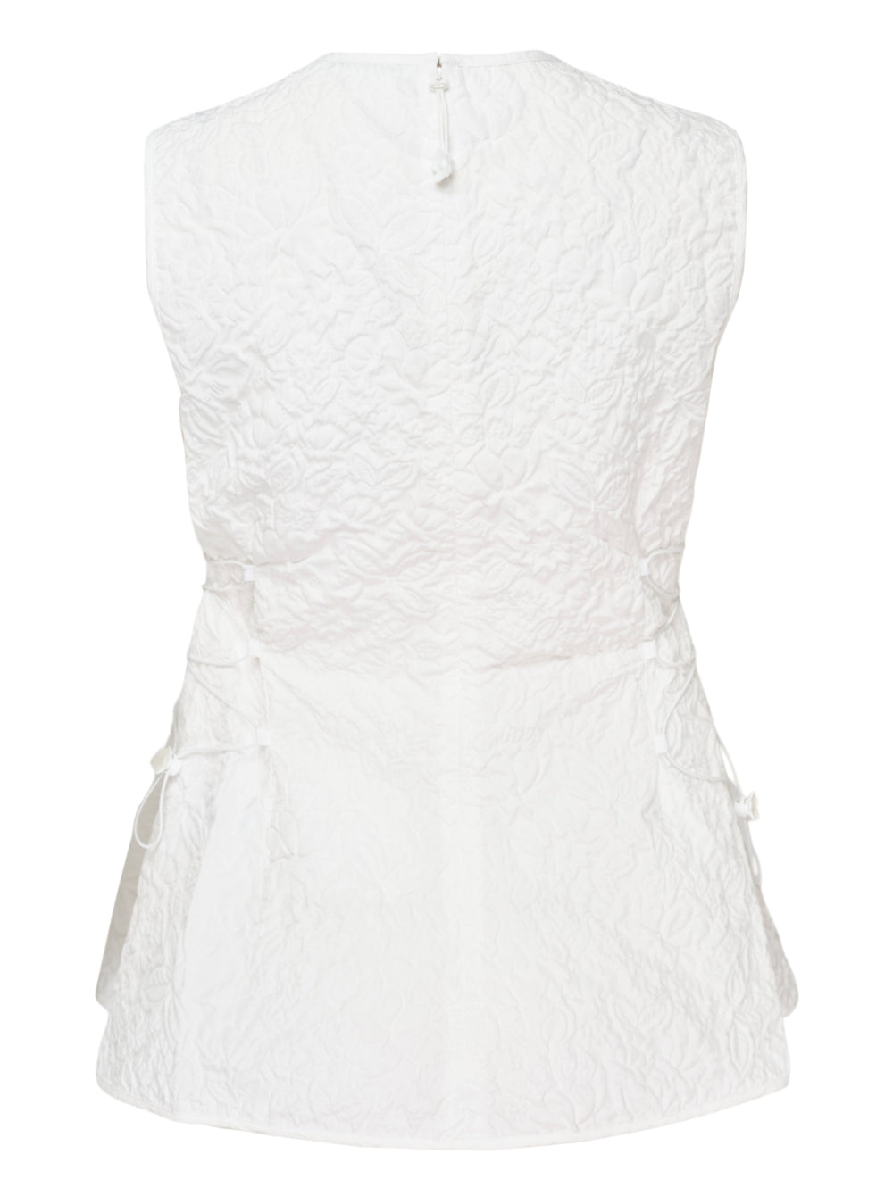 Cecilie Bahnsen Floratini Matelassé sleeveless top in white, shown from the back, featuring an all-over raised floral quilted pattern, gathered bow details along both side seams, and a concealed back zip closure - view 2