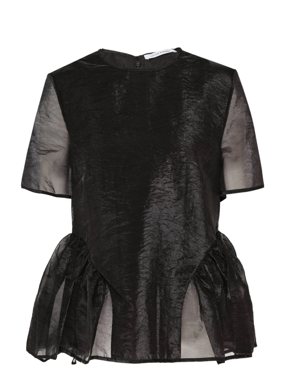Cecilie Bahnsen Liquid Myrtia short-sleeve peplum top in black crinkled organza with sheer sleeves and gathered ruffle hem, photographed flat on a white background