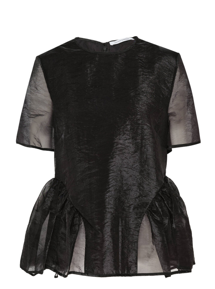 Cecilie Bahnsen Liquid Myrtia short-sleeve peplum top in black crinkled organza with sheer sleeves and gathered ruffle hem, photographed flat on a white background