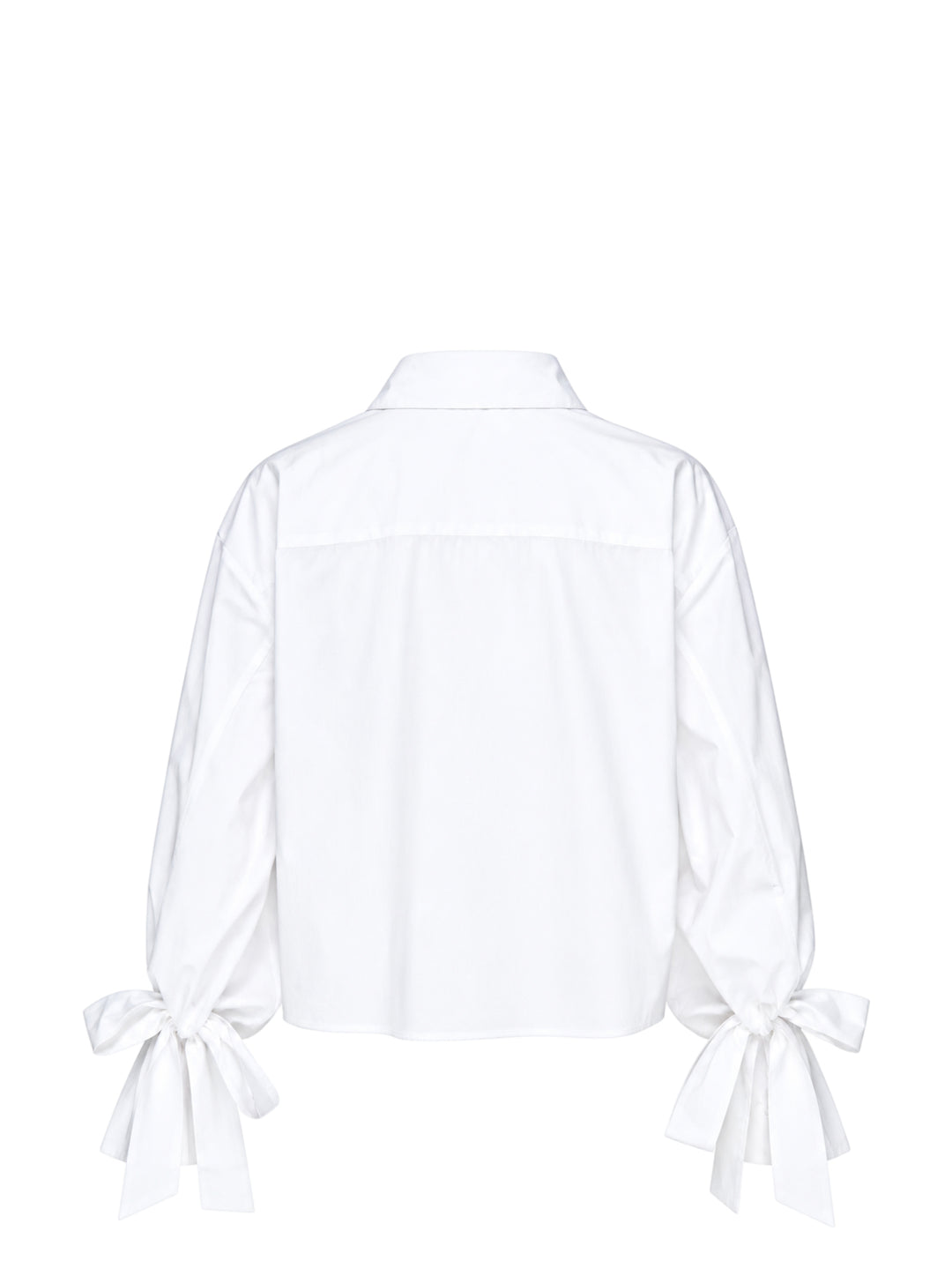 Cecilie Bahnsen Frina cropped white cotton shirt with bow-tied flared cuffs, tonal floral embroidered chest pocket, and button-through front placket, displayed flat on a white background - view 2