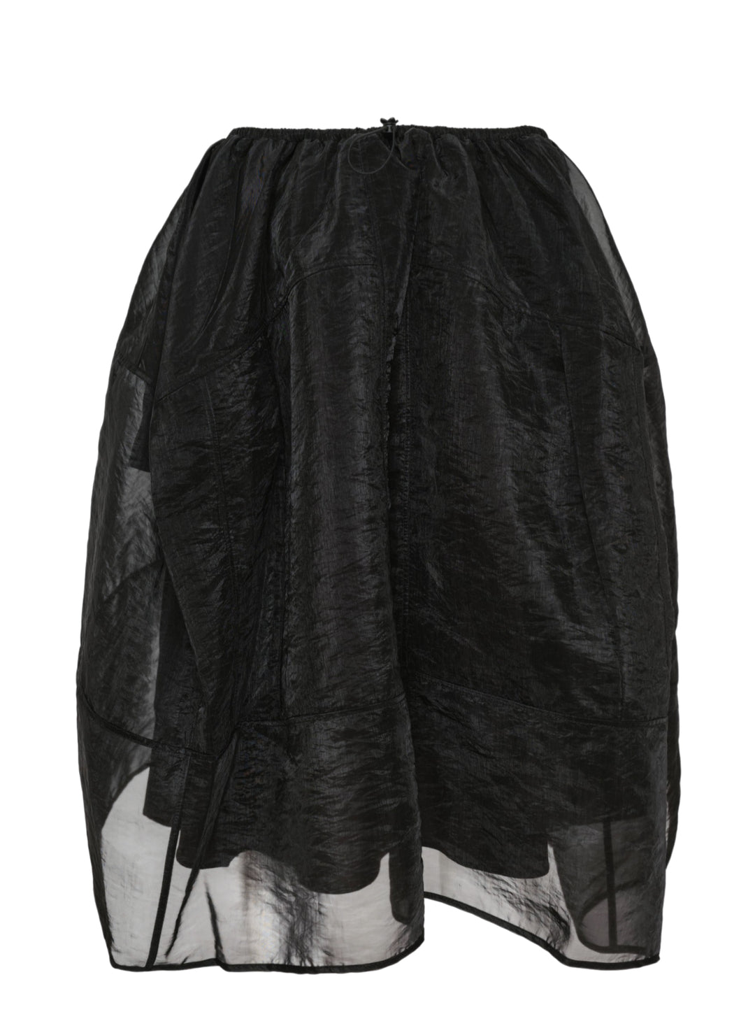 Cecilie Bahnsen Liquid Myrtia Skirt in black crinkled organza with gathered elasticated waistband, voluminous balloon silhouette, and layered sheer asymmetric hem