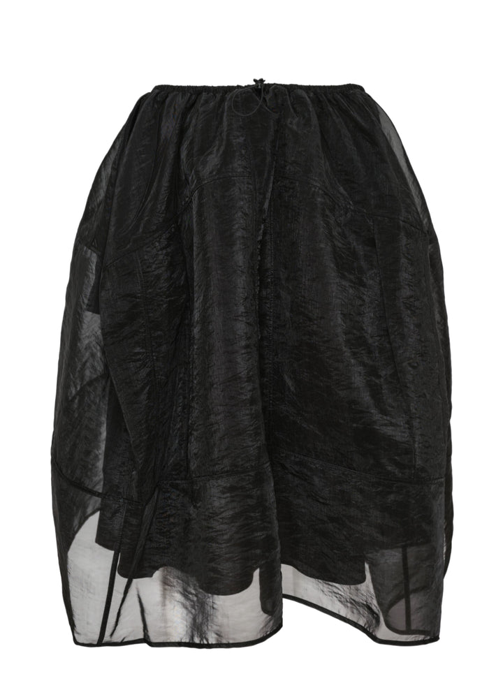 Cecilie Bahnsen Liquid Myrtia Skirt in black crinkled organza with gathered elasticated waistband, voluminous balloon silhouette, and layered sheer asymmetric hem