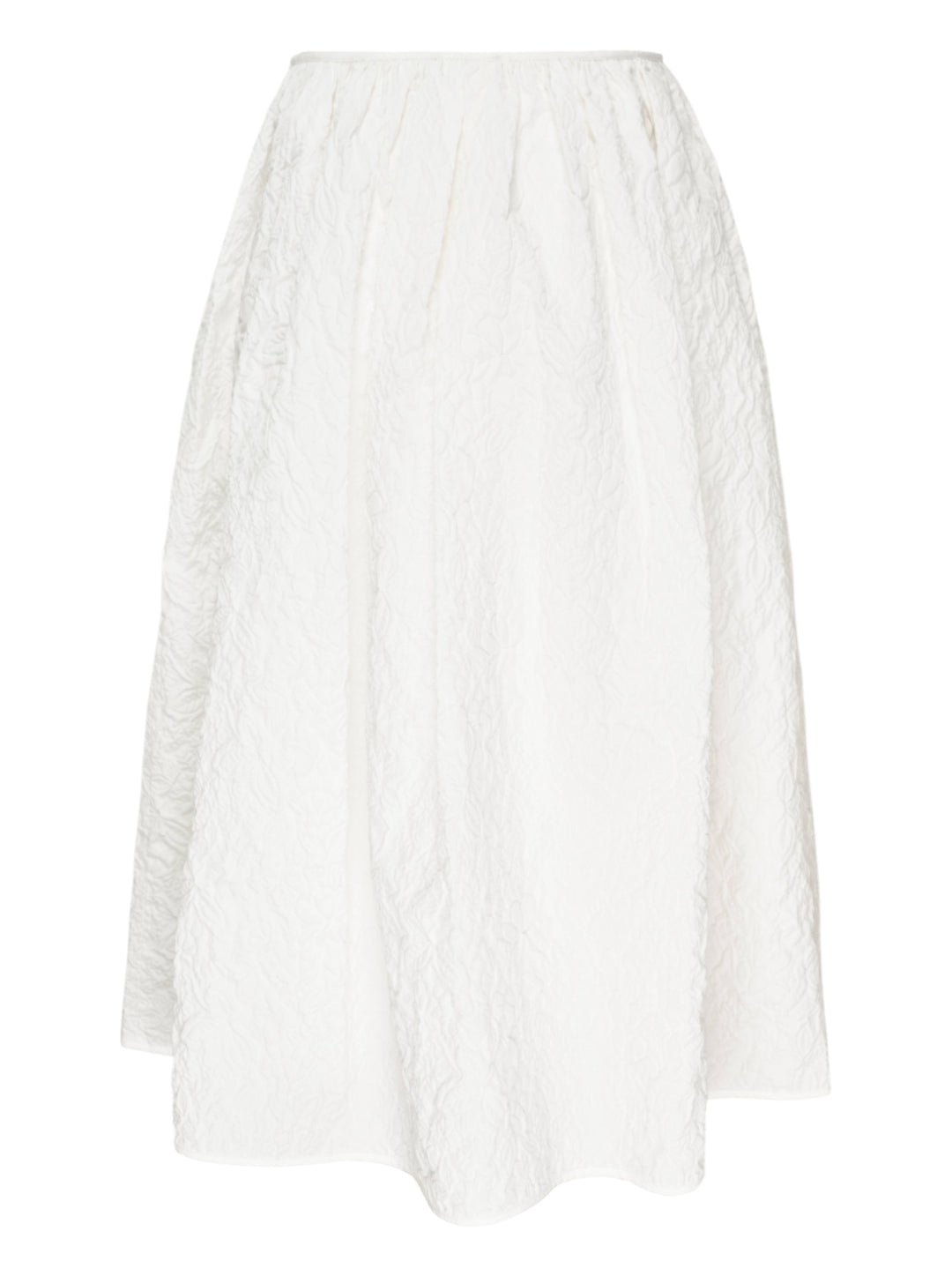 Cecilie Bahnsen Floratini Matelassé Midi Skirt in white, displayed flat, showing a voluminous A-line silhouette with an all-over raised jacquard texture and elasticated waistband - view 2