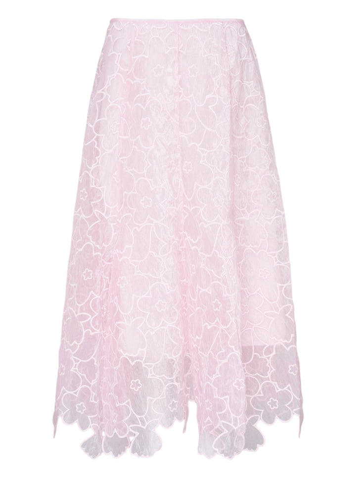 Cecilie Bahnsen Flavie Coranita blush pink floral embroidered semi-sheer midi skirt with scalloped hem