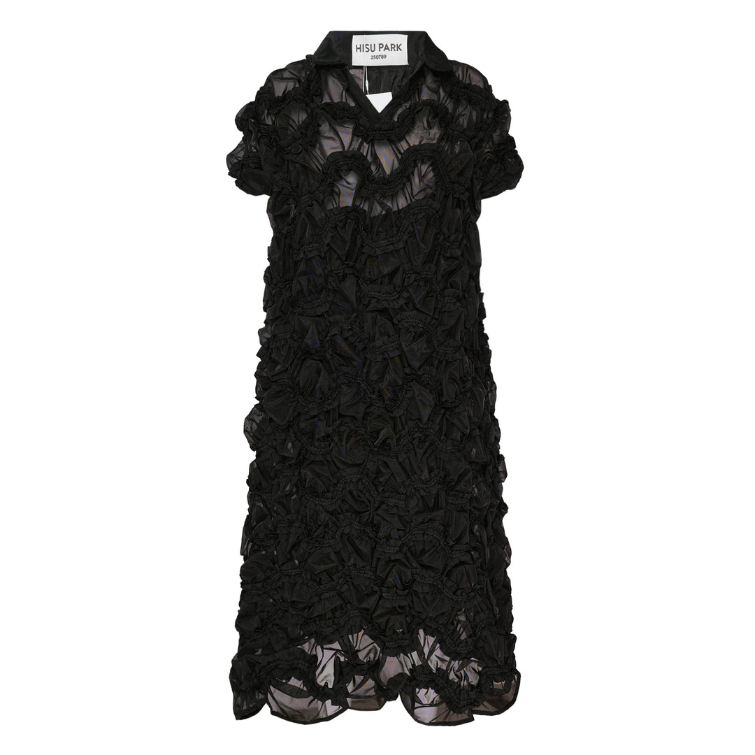 Hisu Park Valerie Glass Dress in black — A-line mini dress with allover ruched bubble-cluster organza texture, pointed collar, cap sleeves, and scalloped hem, shown flat against a white background