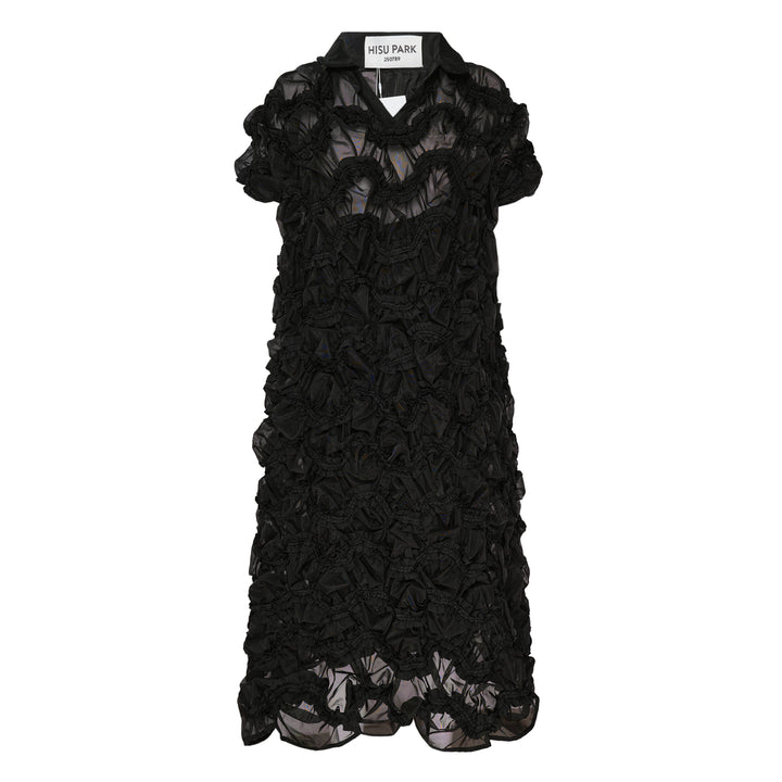 Hisu Park Valerie Glass Dress in black — A-line mini dress with allover ruched bubble-cluster organza texture, pointed collar, cap sleeves, and scalloped hem, shown flat against a white background