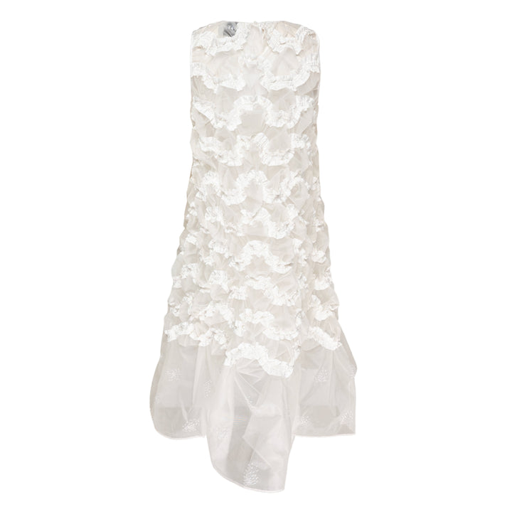 Hisu Park Lolo Dress in white — sleeveless sheer organza mini dress with 3D circular ruffled appliqués across the bodice and a flared drop-waist hem, flat lay view - view 2
