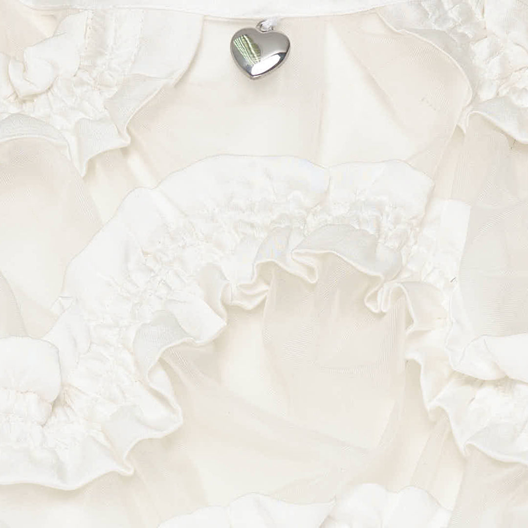 Hisu Park Lolo Dress in white — sleeveless sheer organza mini dress with 3D circular ruffled appliqués across the bodice and a flared drop-waist hem, flat lay view - view 8