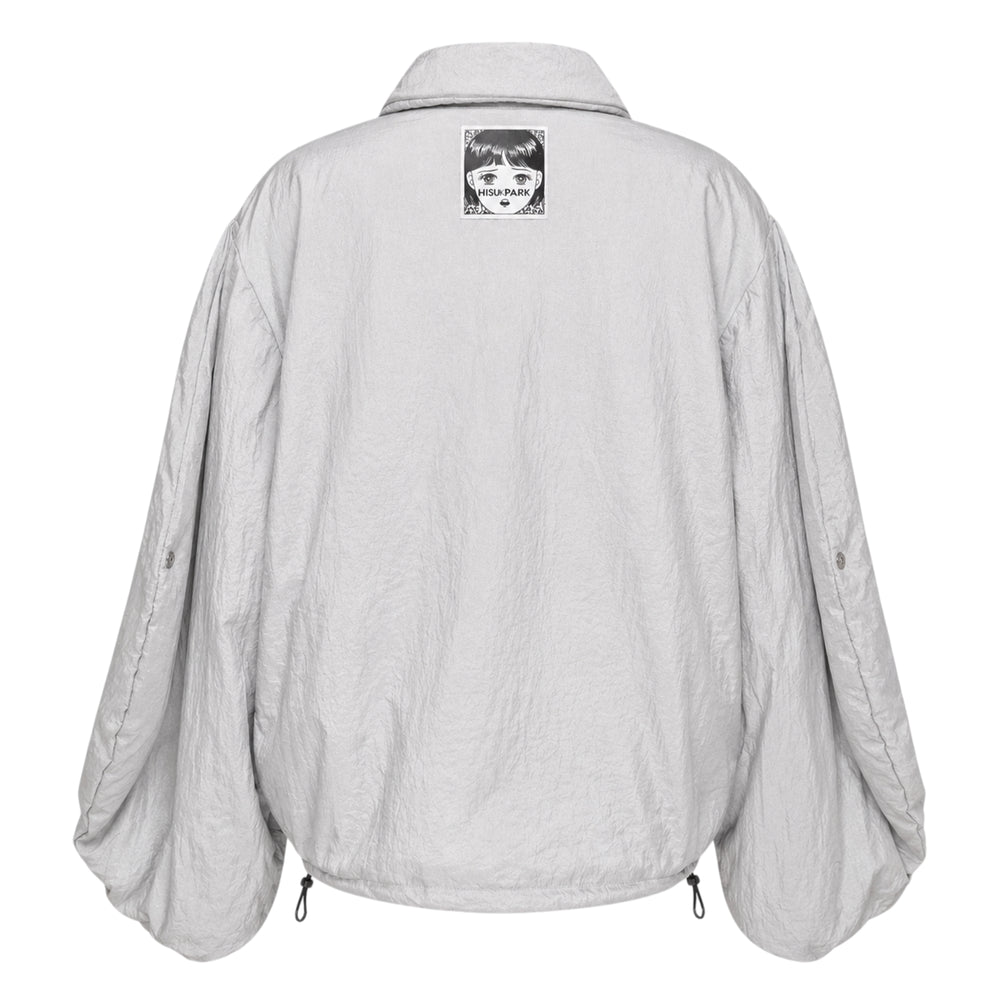 Hisu Park Nono Waves Blouson in light grey, featuring oversized sculptural balloon sleeves gathered at the cuffs, a rounded Peter Pan collar, and a cropped quilted body with elasticated hem - view 2