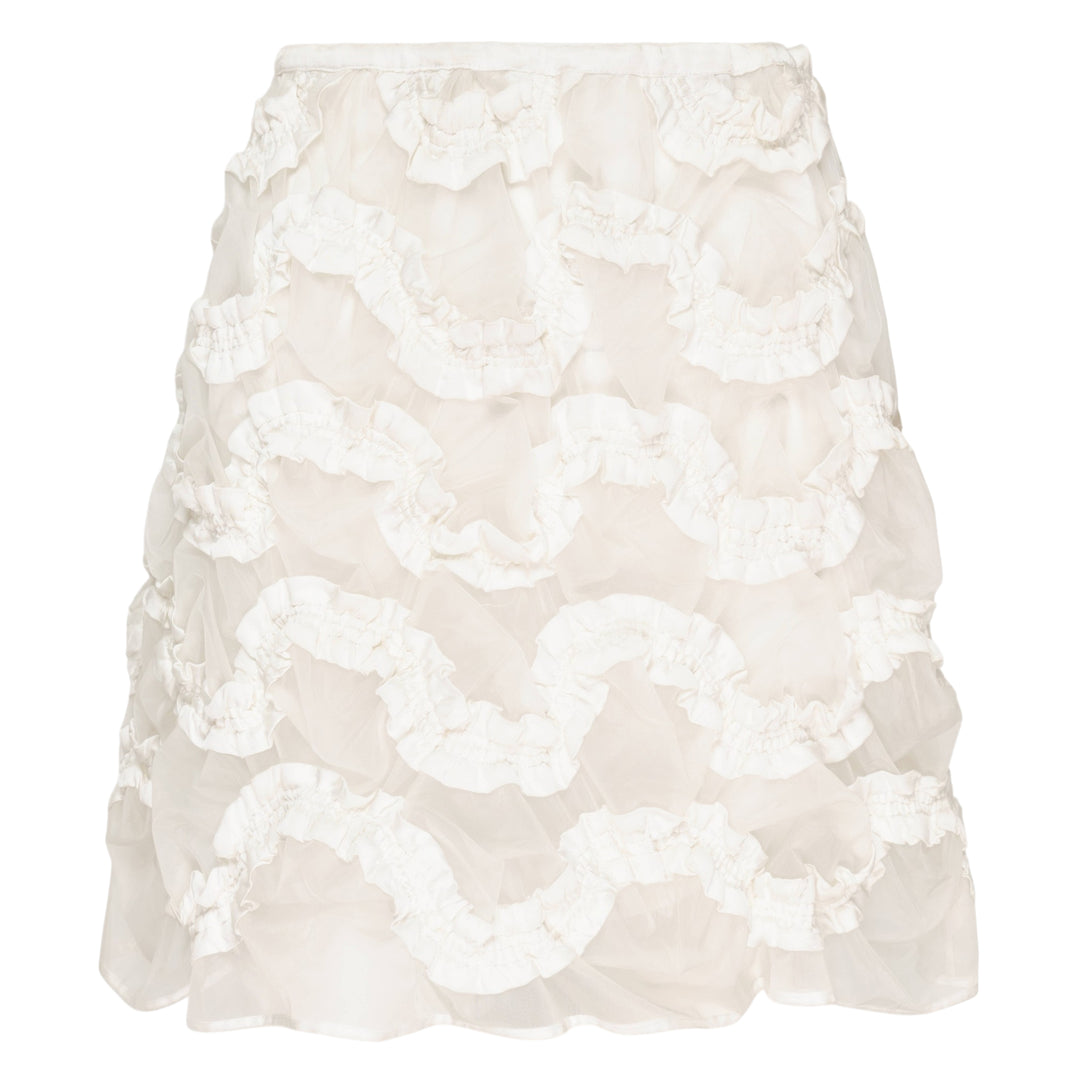 Hisu Park Glass Mini Skirt in white, featuring cascading sheer organza ruffles in undulating rows against a light grey background