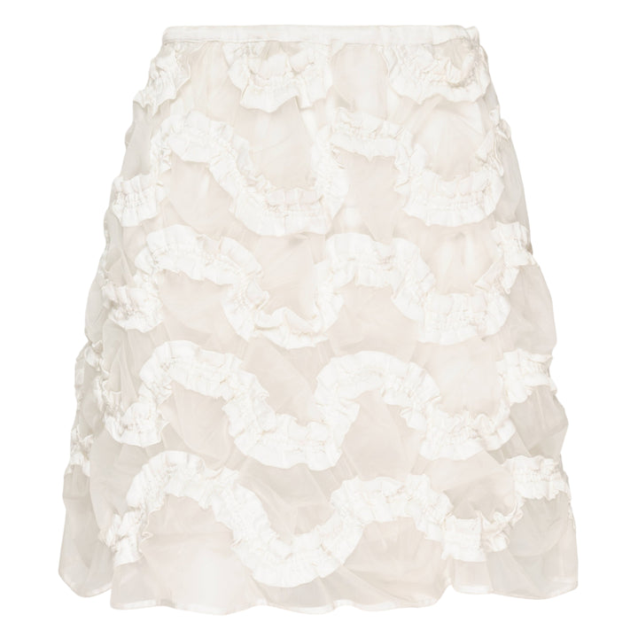 Hisu Park Glass Mini Skirt in white, featuring cascading sheer organza ruffles in undulating rows against a light grey background